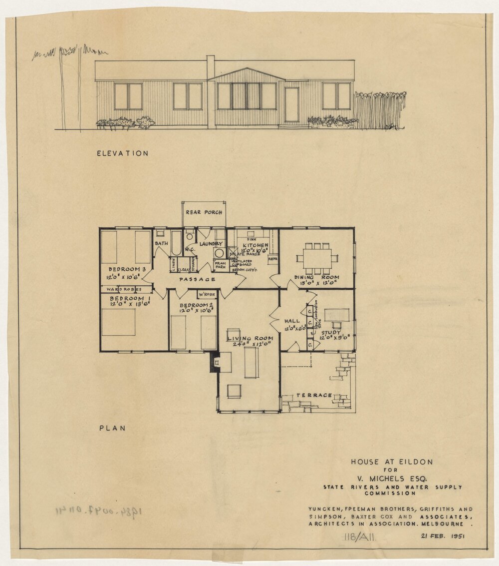 House at Eildon for V Michaels Esq. State Rivers and Water Supply Commission. Elevation Plan