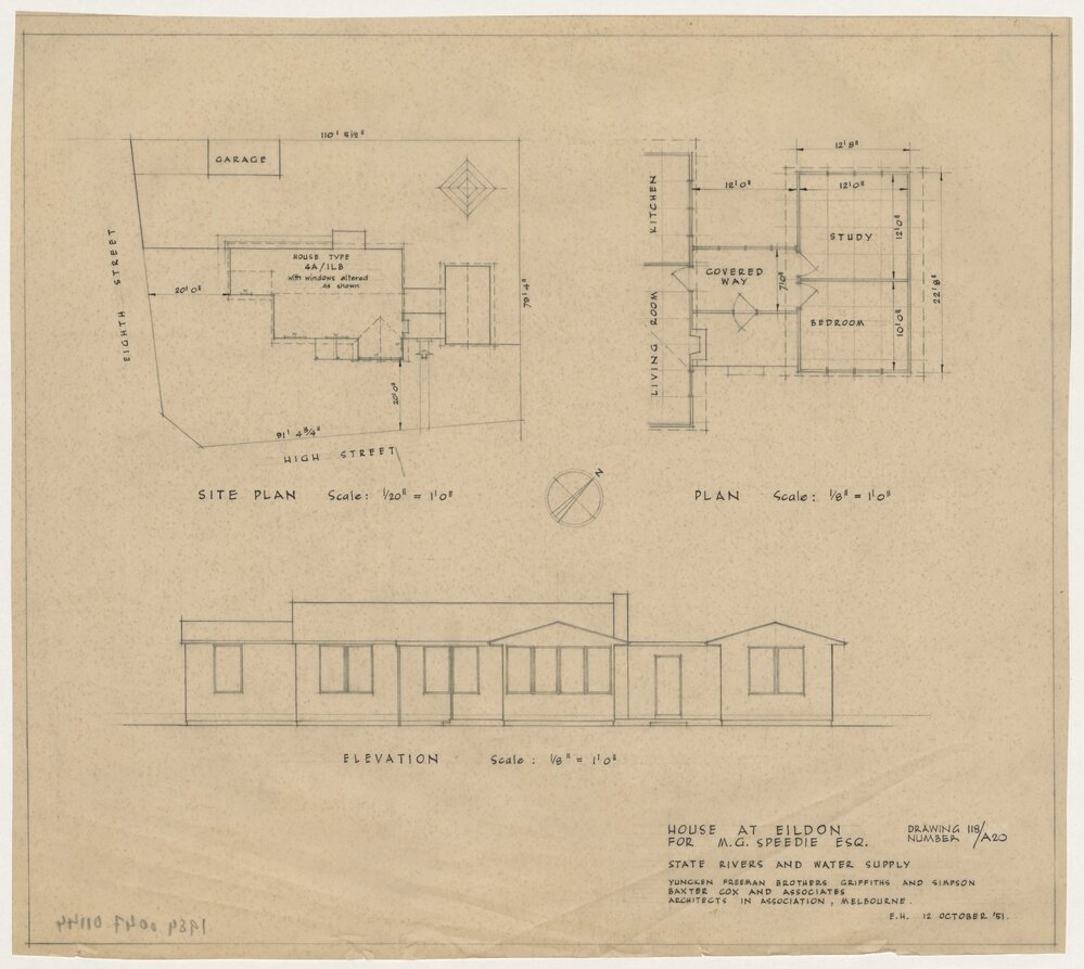 House at Eildon for Mr. M G Speedie Esq. State Rivers and Water Supply Commission. Elevation, Site Plan