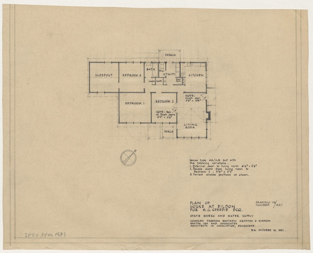 Plan of House at Eildon for Mr. M G Speedie Esq. State Rivers and Water Supply Commission.
