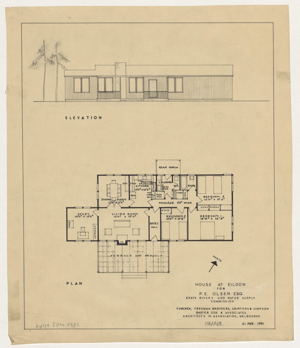 House at Eildon for P E Olsen Esq. State Rivers and Water Supply Commission. Plan and Elevation