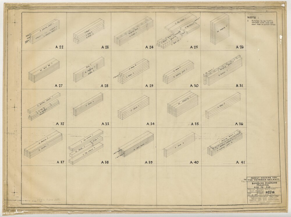 Precut Housing for the Victorian Railways. Site Bundling Diagrams Framing A22 to A41