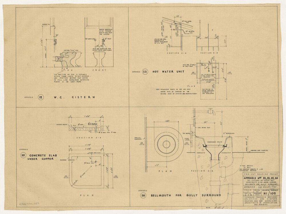[Victorian Pre-cut Housing] Appendix Nos. 22, 23, 25,26. W.C. Cistern, Hot Water Unit, Concrete Slab Under Copper, Bellmouth for Gully Surrounds