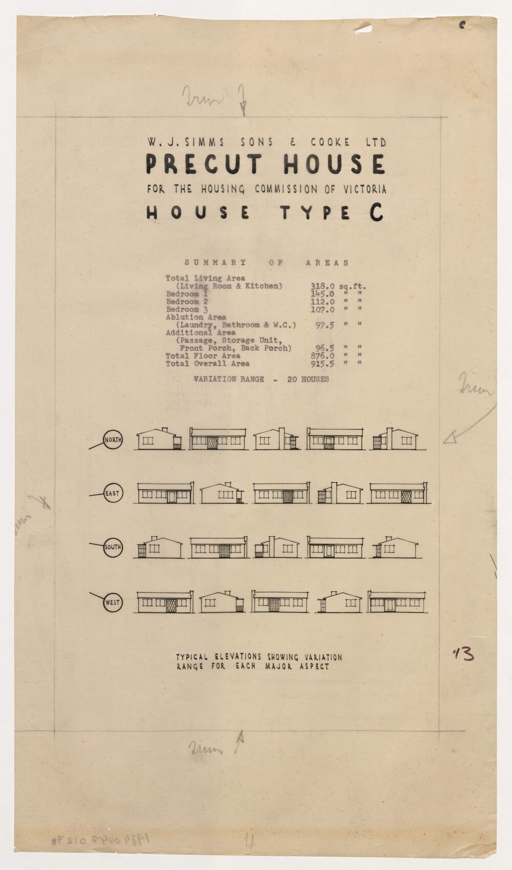 W J Simms Sons and Cooke Ltd. Precut House for the Housing Commission of Victoria. House Type C. Typical Elevations Showing Variation Range for Each Major Aspect
