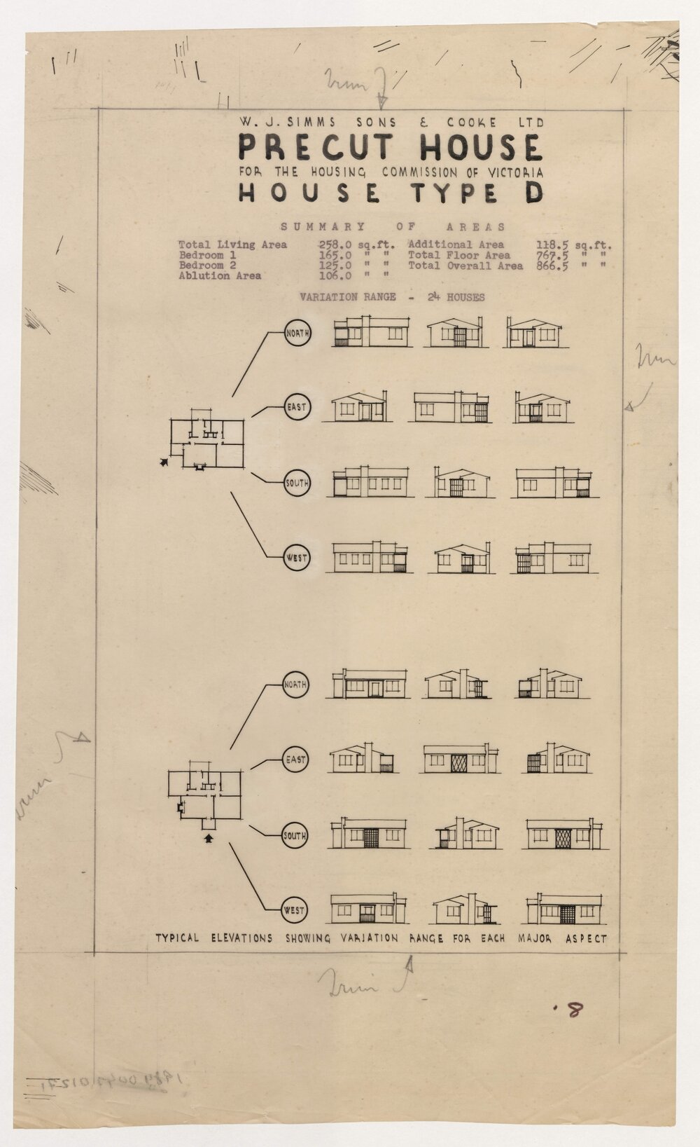 W J Simms Sons and Cooke Ltd. Precut House for the Housing Commission of Victoria. House Type D. Typical Elevations Showing Variation Range for Each Major Aspect