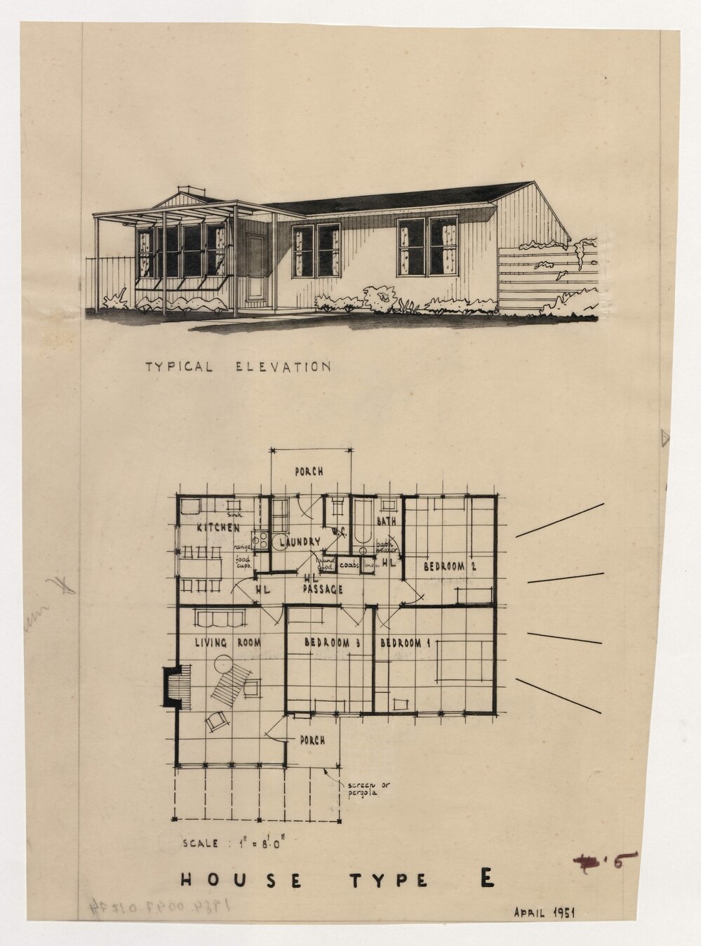 [W J Simms Sons and Cooke Ltd. Precut House for the Housing Commission of Victoria]. House Type E. Typical Elevation sketch