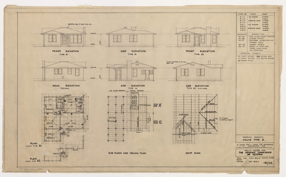 W J Simms Sons and Cooke Ltd. Precut House for the Housing Commission of Victoria. Working Drawing House Type B.  Front, Side, Rear Elevations and Plans