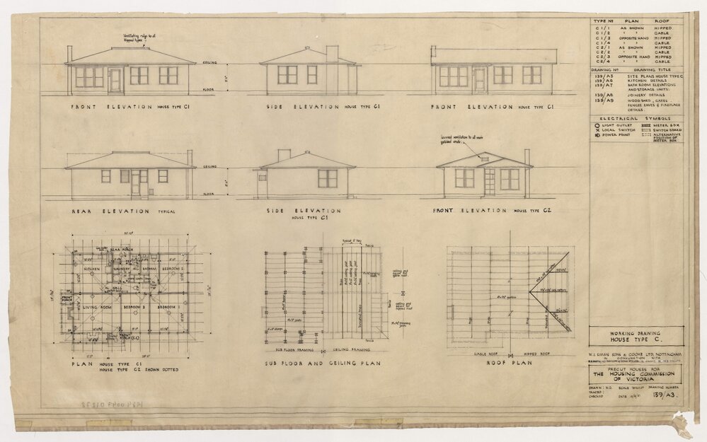 W J Simms Sons and Cooke Ltd. Precut House for the Housing Commission of Victoria. Working Drawing House Type C.  Front, Side, Rear Elevations and Plans