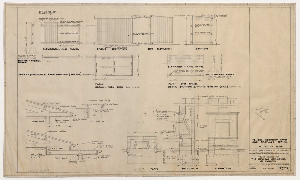 W J Simms Sons and Cooke Ltd. Precut House for the Housing Commission of Victoria. Fences, Woodshed, Eaves and Fireplace Details