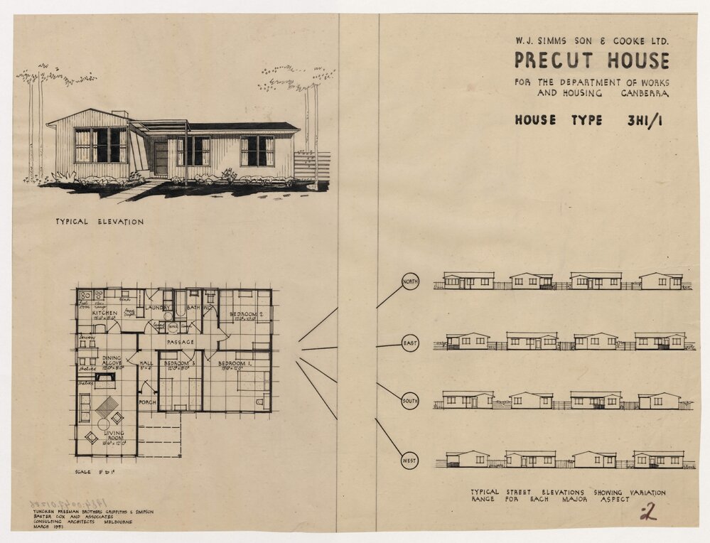 W J Simms Sons and Cooke Ltd. Precut House for the Department of Works and Housing Canberra. House Type 3H1/1. Typical Elevation