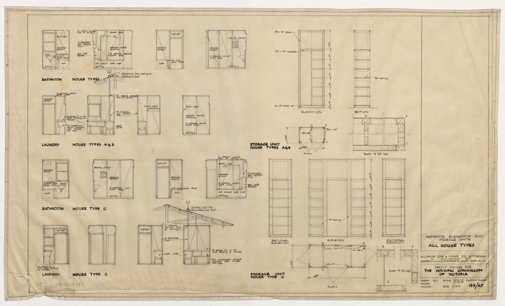 W J Simms Sons and Cooke Ltd. Precut House for the Housing Commission of Victoria. Bathroom Elevations and Storage Units for All House Types