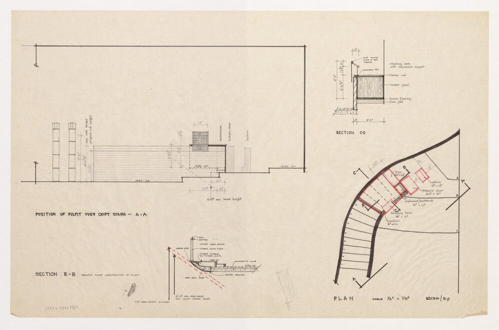 [Canberra Grammar School New Chapel]. Position of Pulpit over Stairs, Sections and Plan