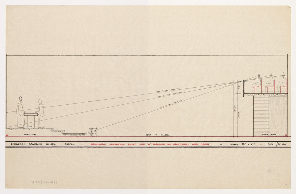 Canberra Grammar School - Chapel. Sectional Elevation Along Line 'A' Through the Sanctuary and Choir