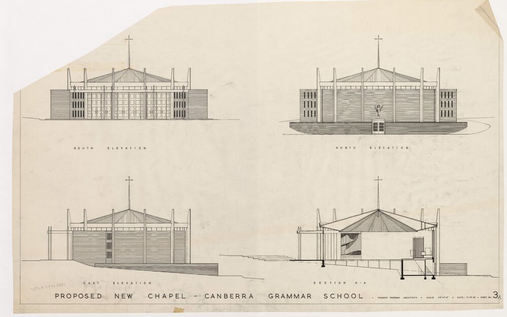 Proposed New Chapel - Canberra Grammar School. Section A-A and North, South East Elevations
