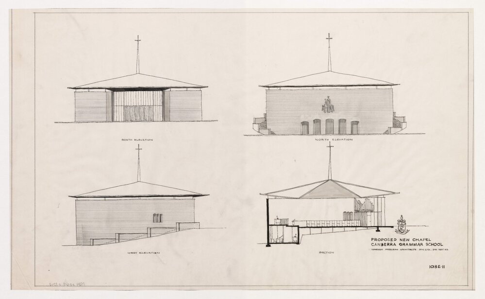 Proposed New Chapel - Canberra Grammar School. North, South, West Elevations and Section