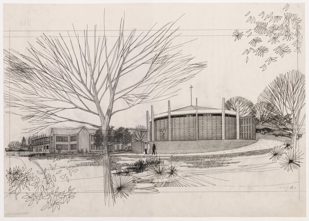 [Proposed New Chapel - Canberra Grammar School]. Ink and Pencil  Projection showing Chapel and Surrounding Buildings