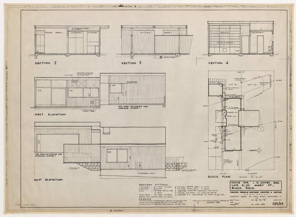 House for J D Gates Esq. Lots 21, 22 Mary Street, Black Rock. Elevations, Sections and Plan