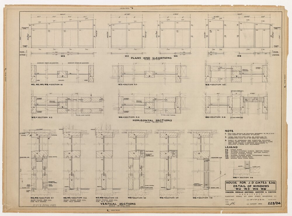 House for J D Gates Esq. Detail of Windows. 'W2' 'W3' 'W4' 'W6'