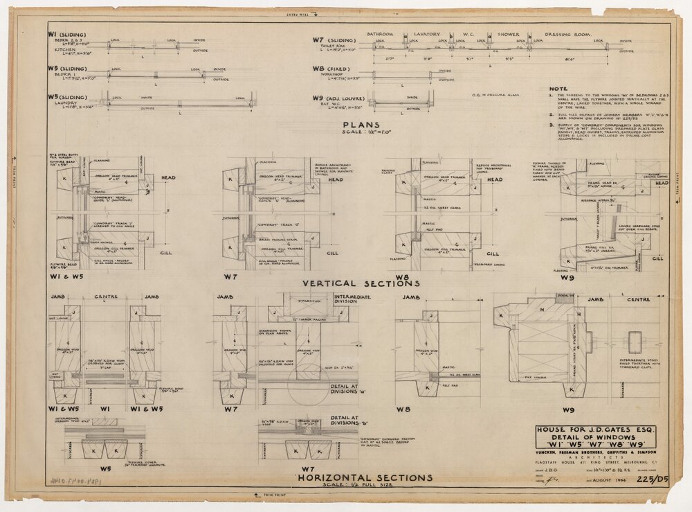 House for J D Gates Esq. Detail of Windows. 'W1' 'W5' 'W7' 'W8' 'W9'