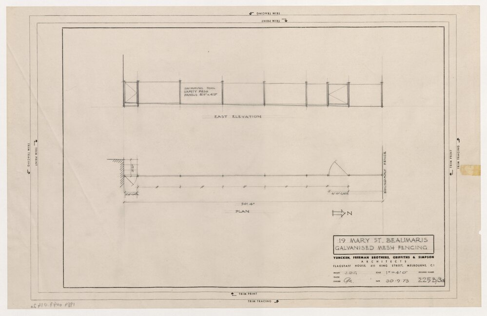 [House for J D Gates Esq]. 19 Mary Street, Beaumaris. Galvanised Mesh Fencing