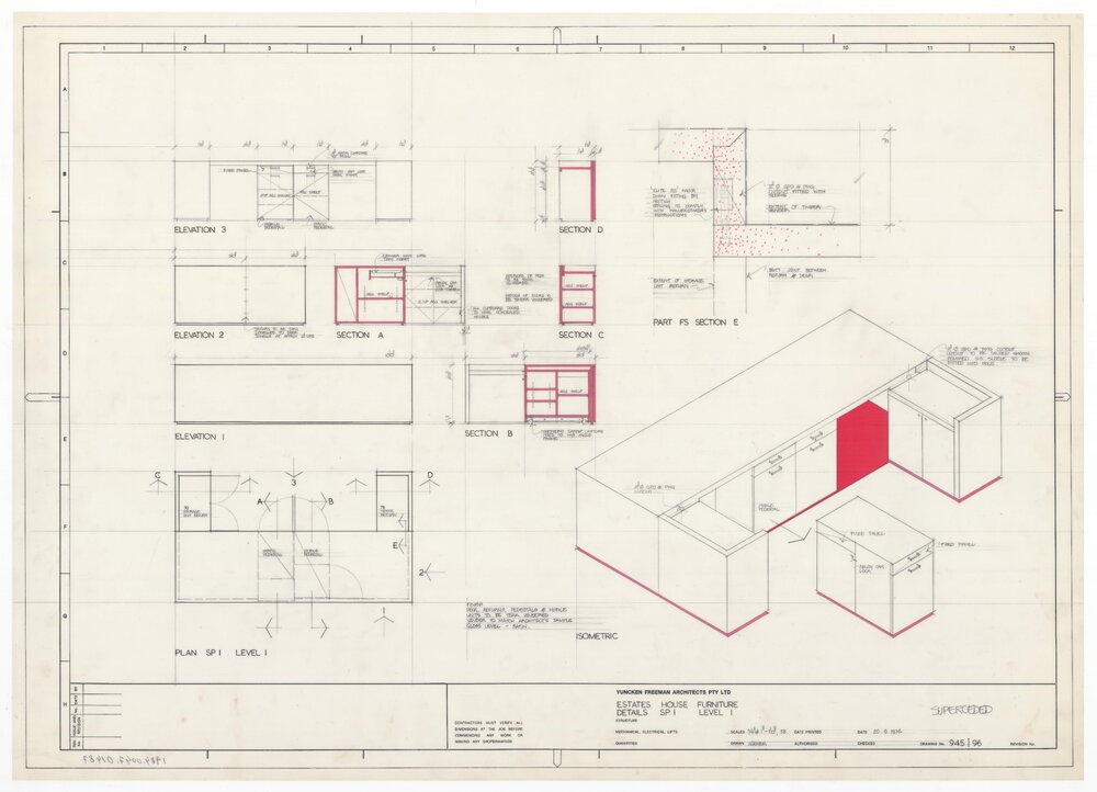 Estates House. Furniture Details SP 1 Level 1. Annotated "Superseded"