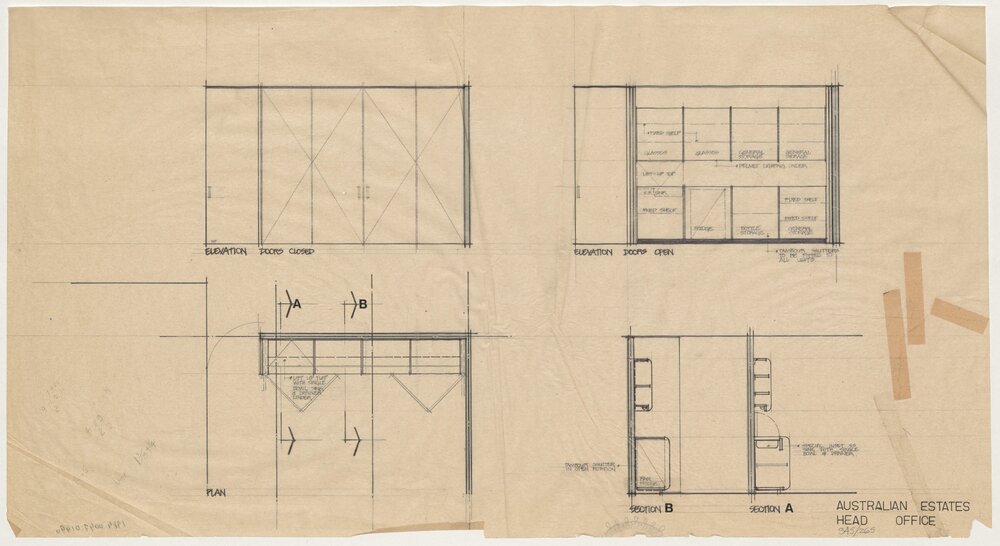 Estates House. Head Office. Plan, Elevations and Sections