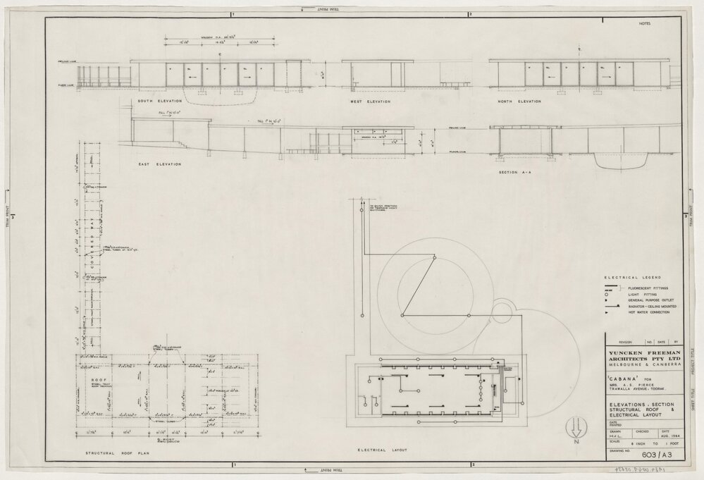 ['Cabana' for Mrs. A.S. Pierce Residence]. Elevations, Section, Structural Roof and Electrical Layout