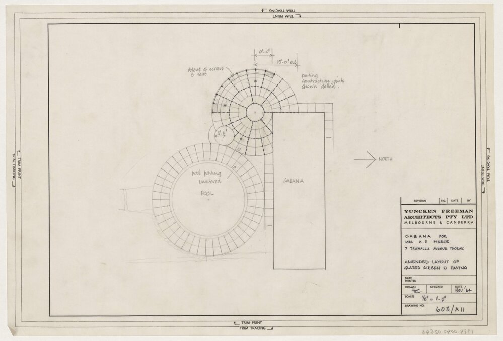 ['Cabana' for Mrs. A.S. Pierce Residence]. Amended Layout of Glazed Screen and Paving