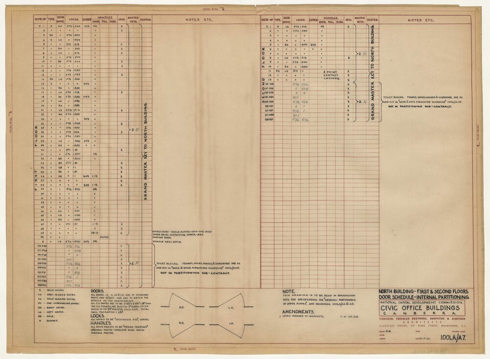 [National Capital Development Commission]. North Building, 1st and 2nd Floors, Door Schedule, Internal Partitioning