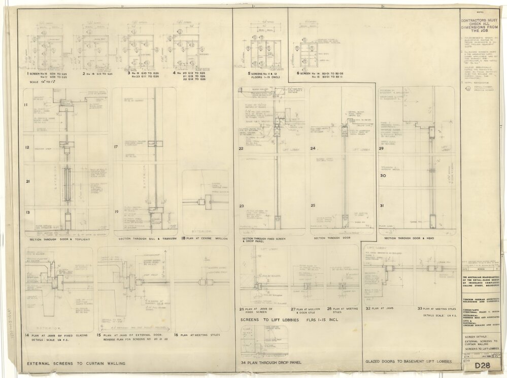 [The Royal-Globe Group of Companies]. Screen Details: External Screens to Curtain Walling. Screens to Lift Lobbies