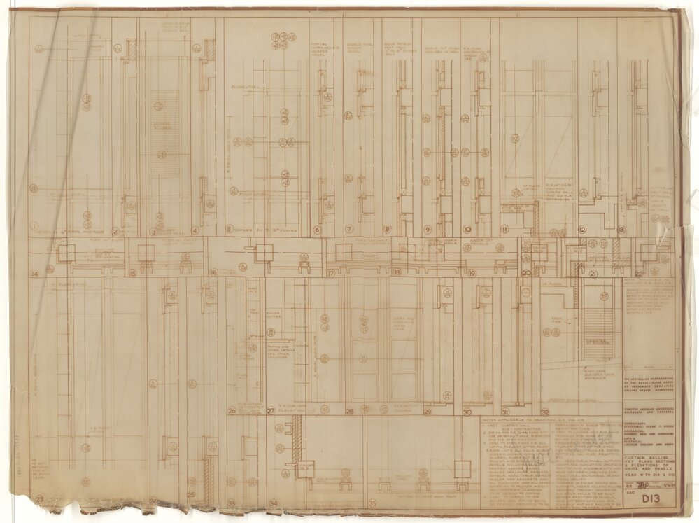 [The Royal-Globe Group of Companies]. Curtain Walling Key Plans, Sections and Elevations of Units and Panels. Read with D14 &amp; D15