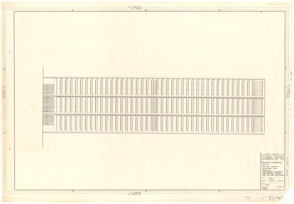 BROKEN HILL PROPRIETARY COY. LTD. NOTIONAL DIAGRAMS ELEVATIONAL STUDY SCHEME C2 RIGID FRAME &amp; COMPOSITE CONSTRUCTION&hellip;CURTAIN WALL SET BACK ONE MODULE [BHP House]