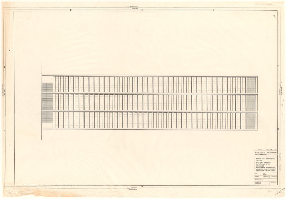 BROKEN HILL PROPRIETARY COY. LTD. NOTIONAL DIAGRAMS ELEVATIONAL STUDY SCHEME C3 RIGID FRAME &amp; COMPOSITE CONSTRUCTION&hellip;T-COLUMNS &amp; SET-BACK CURTAIN WALL. [BHP House]