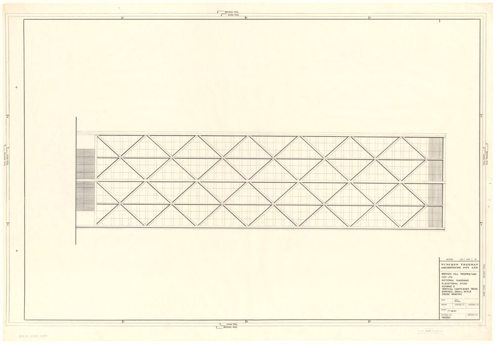 BROKEN HILL PROPRIETARY COY. LTD. NOTIONAL DIAGRAMS ELEVATIONAL STUDY SCHEME E VERTICAL CANTILEVER TRUSS EXPOSED&hellip;SMALL SCALE CROSS BRACING  [BHP House]