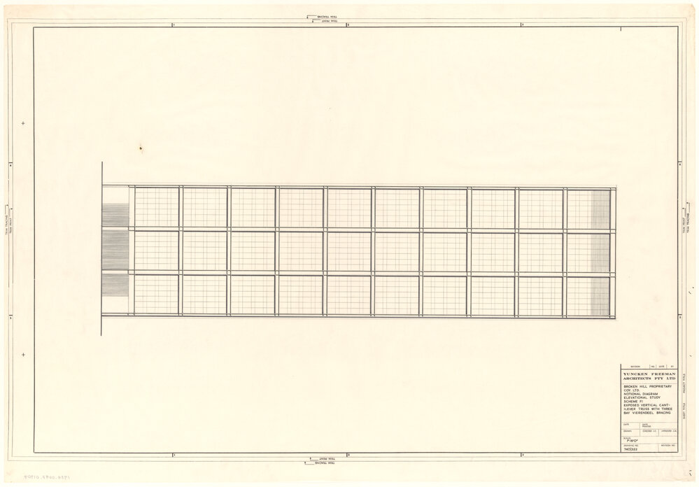 BROKEN HILL PROPRIETARY COY. LTD. NOTIONAL DIAGRAMS ELEVATIONAL STUDY SCHEME F1 EXPOSED VERTICAL CANTILEVER TRUSS WITH THREE BAY VIERENDEEL BRACING [BHP House]