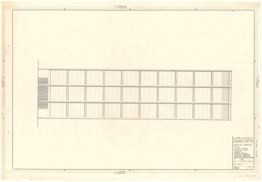 BROKEN HILL PROPRIETARY COY. LTD. NOTIONAL DIAGRAMS ELEVATIONAL STUDY SCHEME F2 EXPOSED VERTICAL CANTILEVER TRUSS WITH THREE BAY VIERENDEEL BRACING &amp; CRUCIFORM COLUMNS [BHP House]