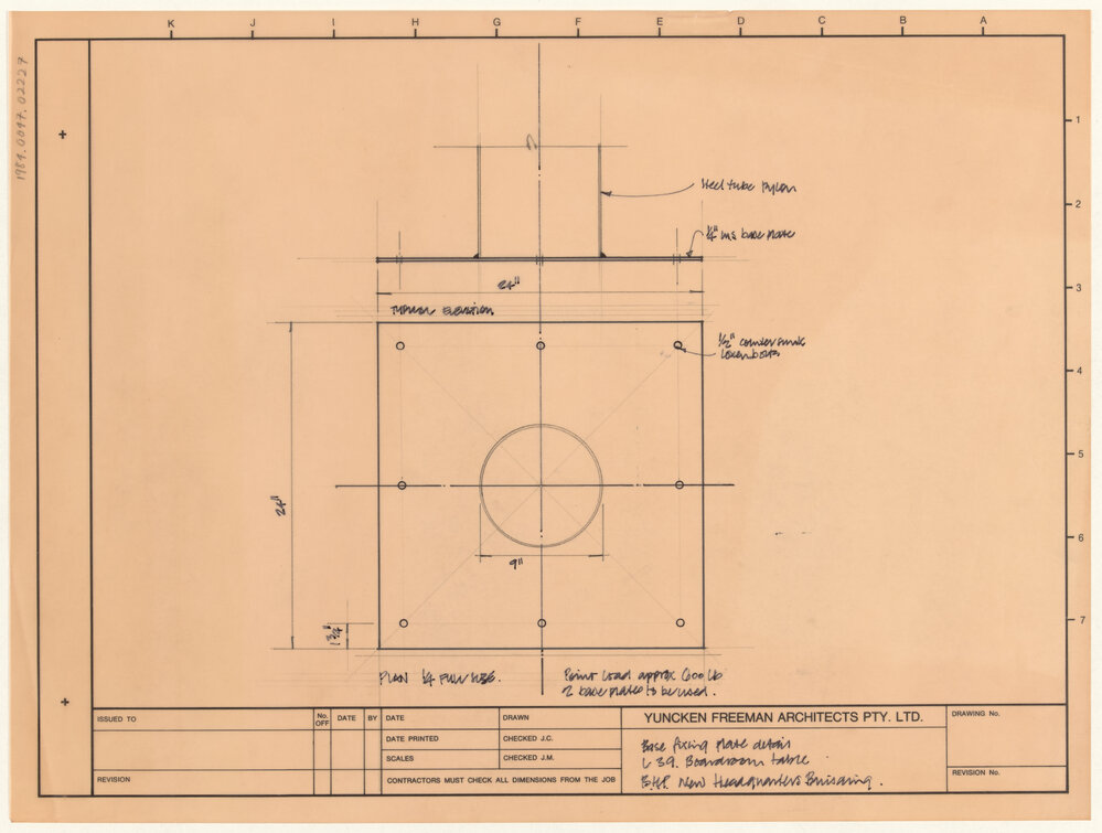 Base fixing plate details L 39. Boardroom table B.H.P. New Headquarters Building [BHP House]