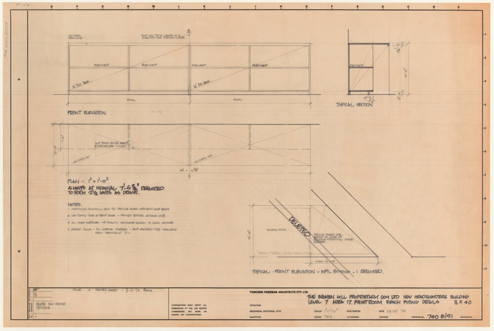 THE BROKEN HILL PROPRIETARY COY LTD NEW HEADQUARTERS BUILDING LEVEL 7 AREA 17. PRINTROOM BENCH FITTING DETAILS S.F.40 [BHP House]