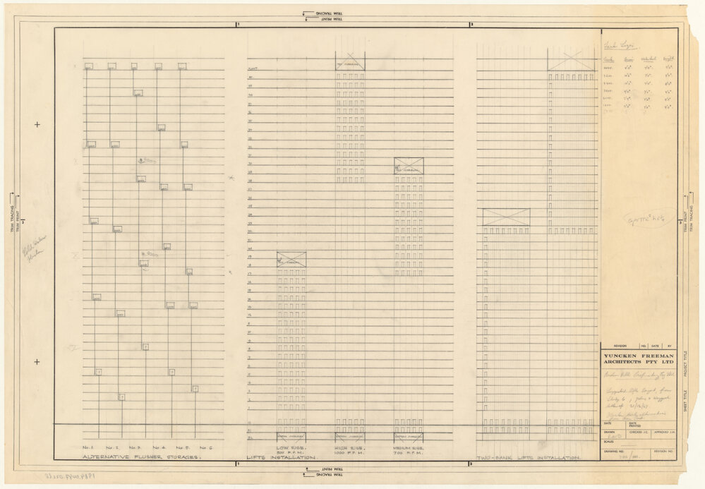 Suggested lifts layout, from Study 6, Johns &amp; Waygood letter of 21/12/67 Flusher tank alternatives from Car Park [BHP House]