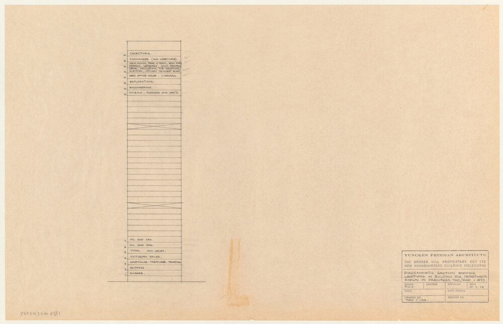DIAGRAMMATIC SECTION SHOWING LOCATIONS IN BUILDING FOR DEPARTMENTS SHOWN IN DRAWINGS 740/840-853 [BHP House]