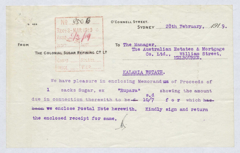 Maps of Kalamia Estate, details of sugar shipments