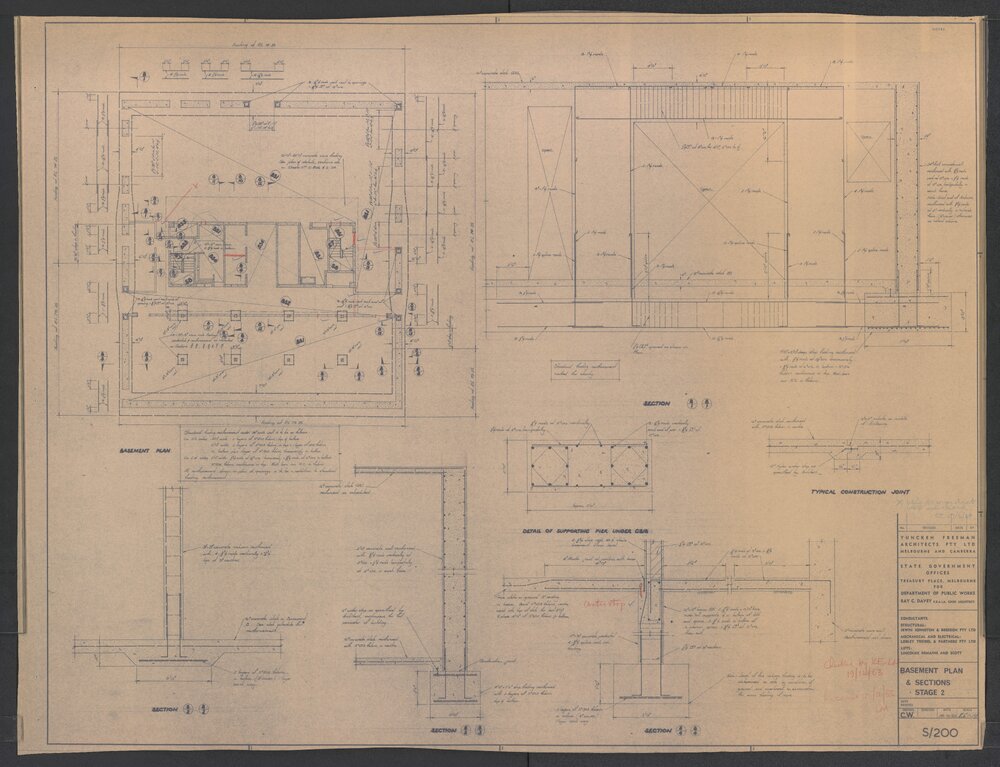 [State Government Offices - Treasury Place]. Basement Plan and Sections Stage 2