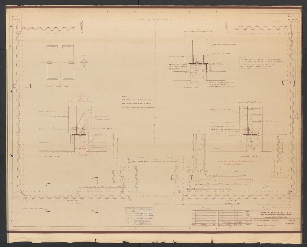 [State Government Offices - Treasury Place]. Stage 1 Position of Bolts at Ground Floor Upstand
