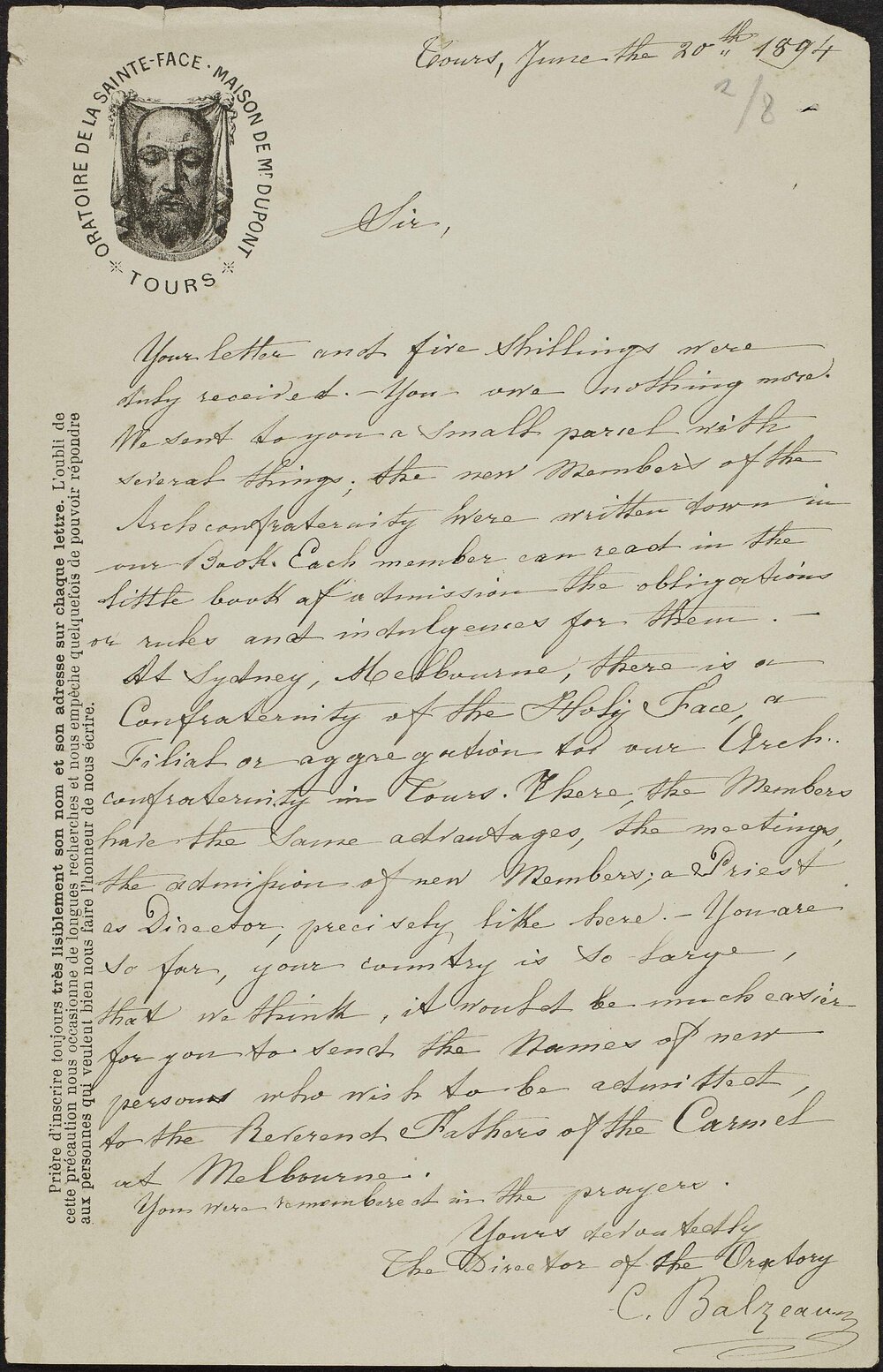 BALZEAU, C. (Director of the Oratoire de la Sainte-Face, Maison de M. Dupont, Tours.)