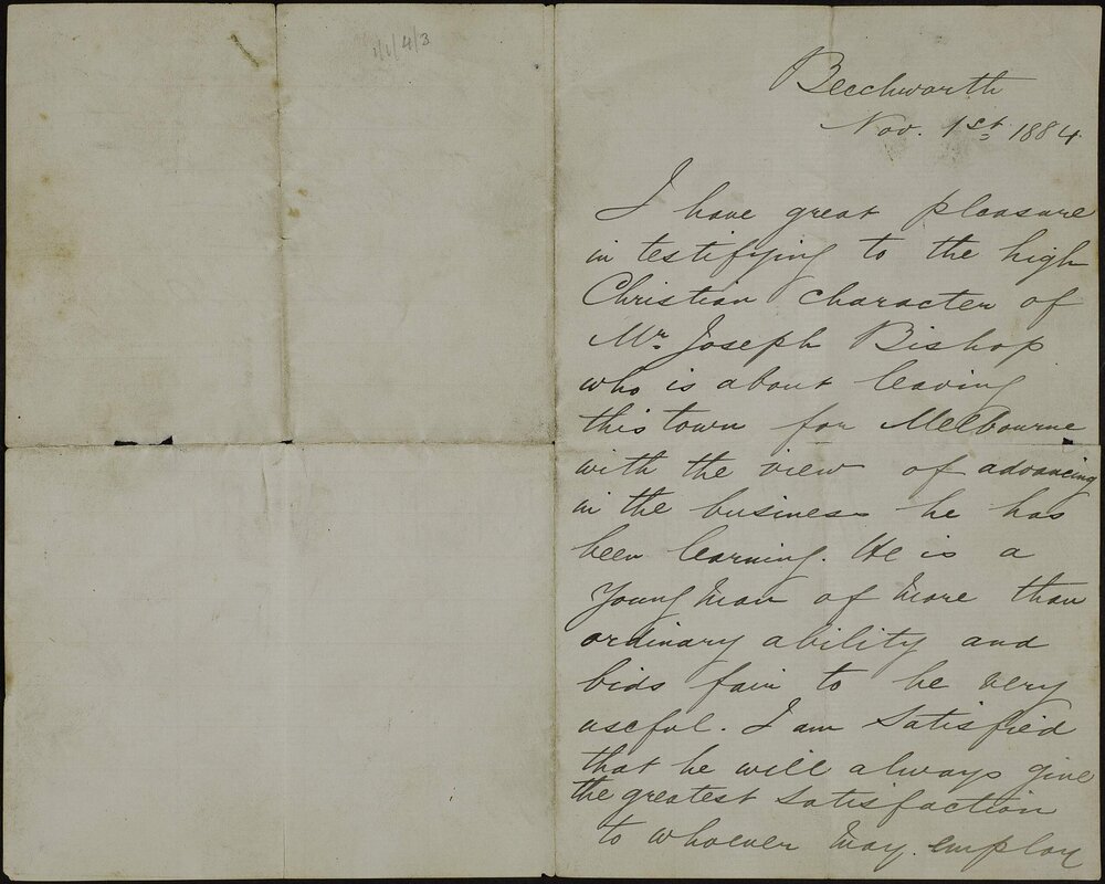 Ingram, Frank, &ldquo;Fernacre&rdquo; Upper Beaconsfield, Vic. (friend) to Joseph E. Bishop