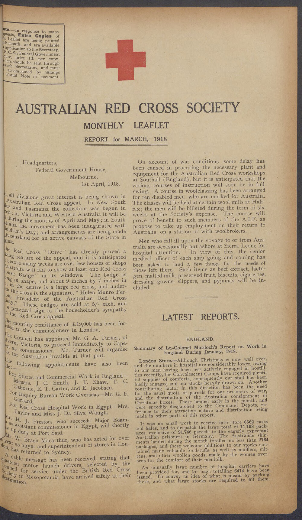 Australian Red Cross Society Monthly Leaflet