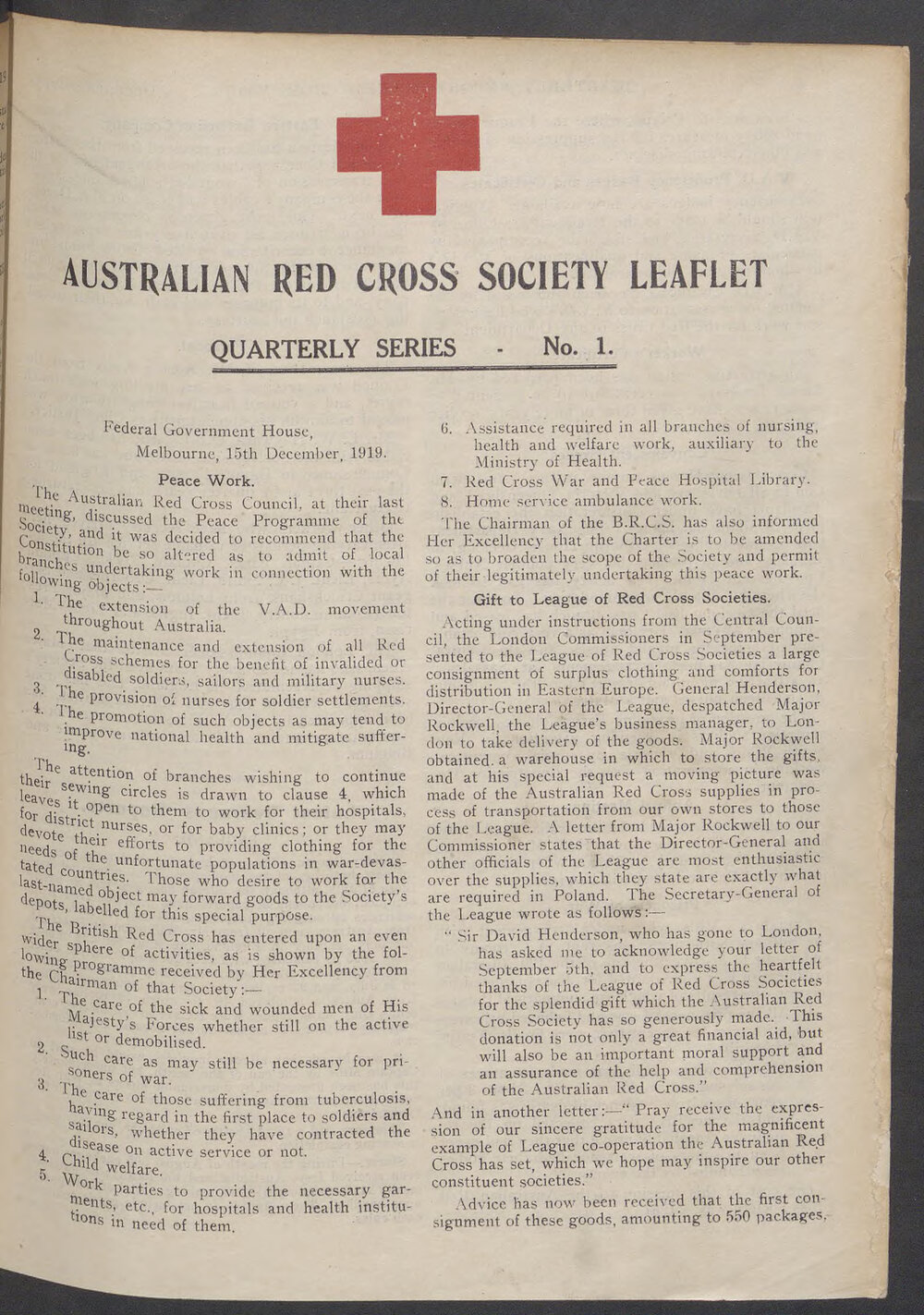 Australian Red Cross Society Leaflet - Quarterly Series No.1