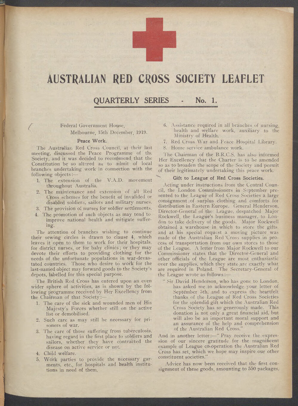 Australian Red Cross Society Leaflet - Quarterly Series No.1