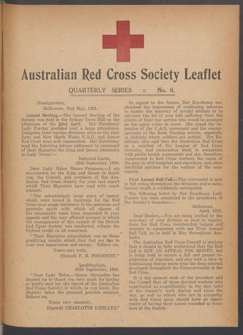 Australian Red Cross Society Leaflet - Quarterly Series No.6