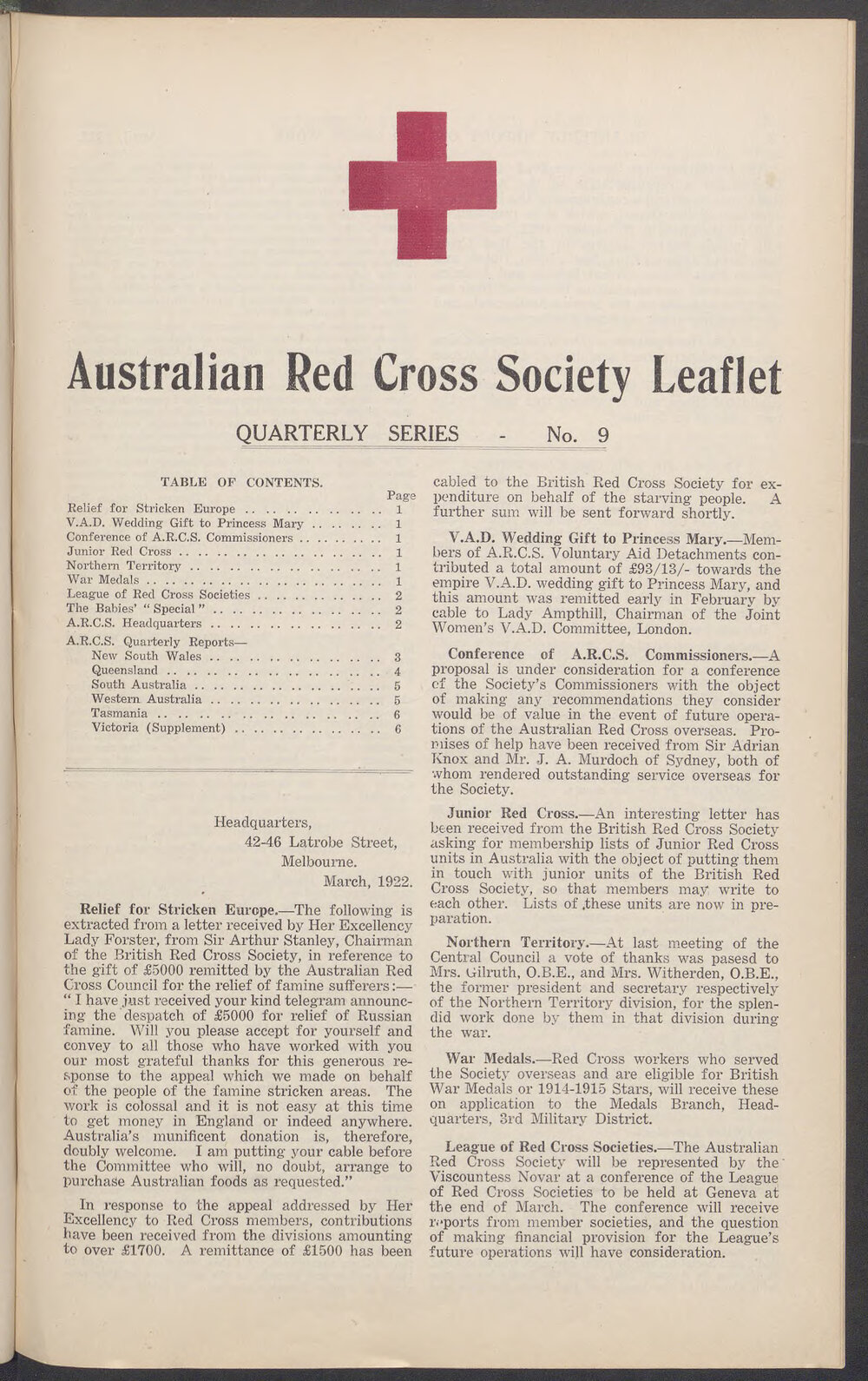 Australian Red Cross Society Leaflet - Quarterly Series No.9