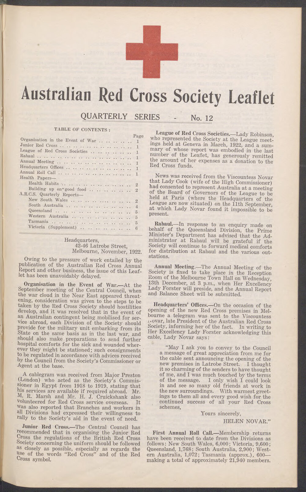 Australian Red Cross Society Leaflet - Quarterly Series No.12